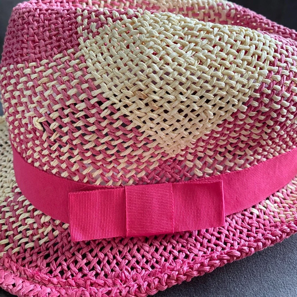 Nicole Marciano tan and pink straw fedora hat
